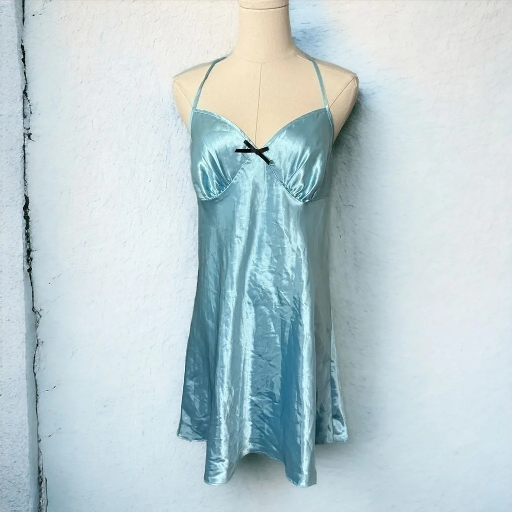 Lolita baby blue satin ribbon slip dress with black lace M  coquette
